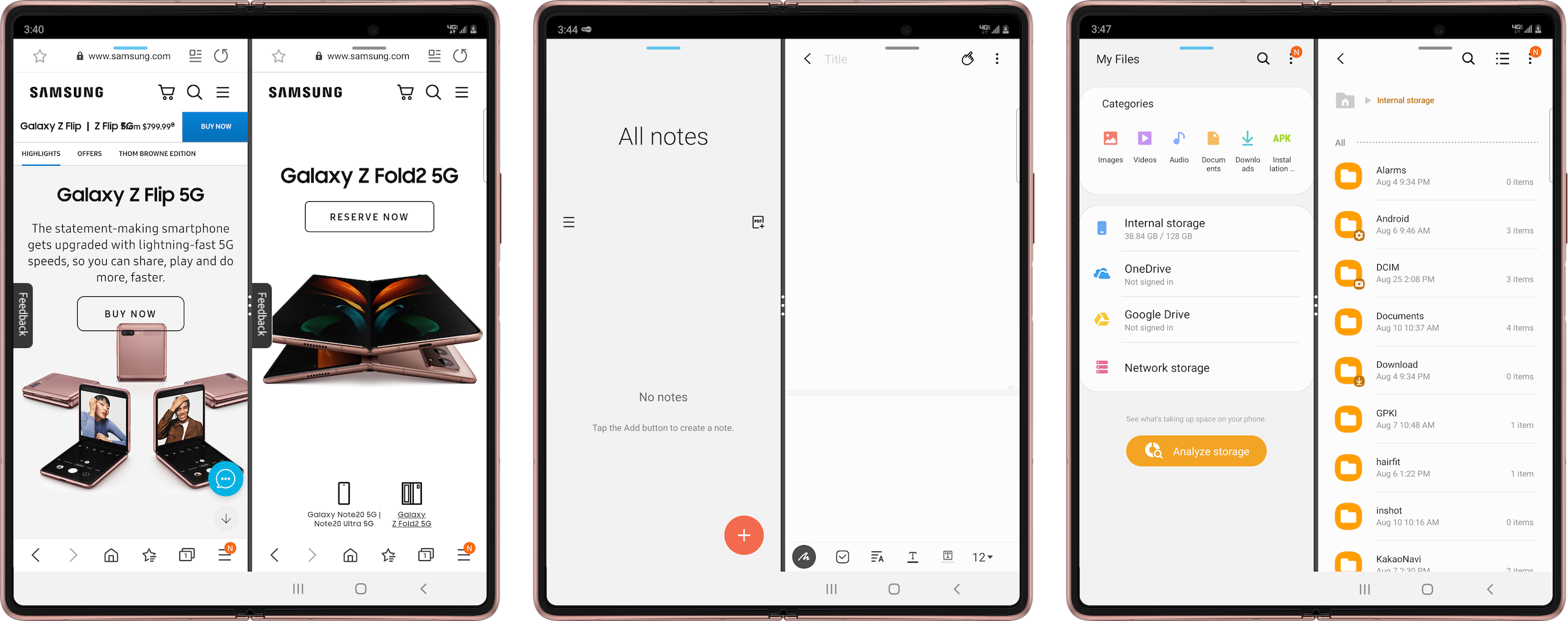 Figure: Multi-instancing in Samsung Internet, Samsung Note, and My Files