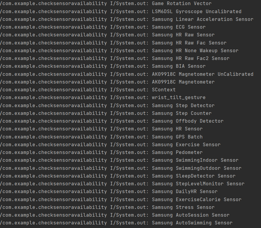 Figure 2: List of available sensors in logcat (partial view)