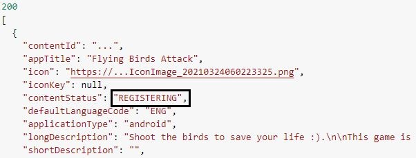 Figure 2: Response of the view seller's app details API after registering the binary file