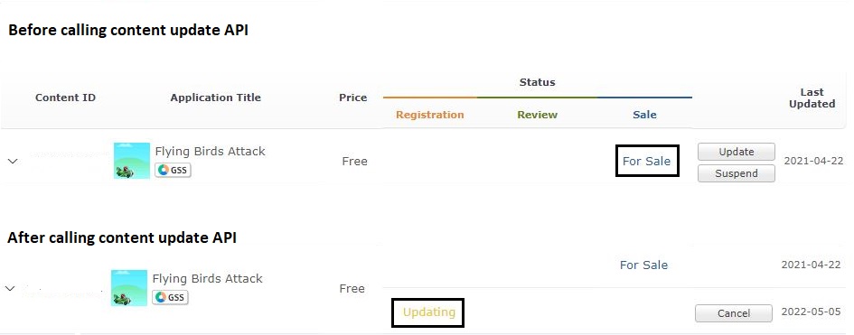 Figure 3: Status is changed after calling the content update API
