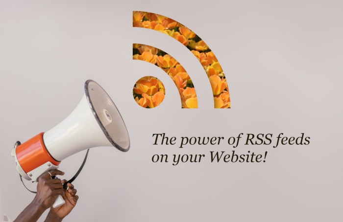 A megaphone held by two hands. To the right is the RSS logo stamped out with orange flowers behind. The title says, the power of RSS feeds on your website