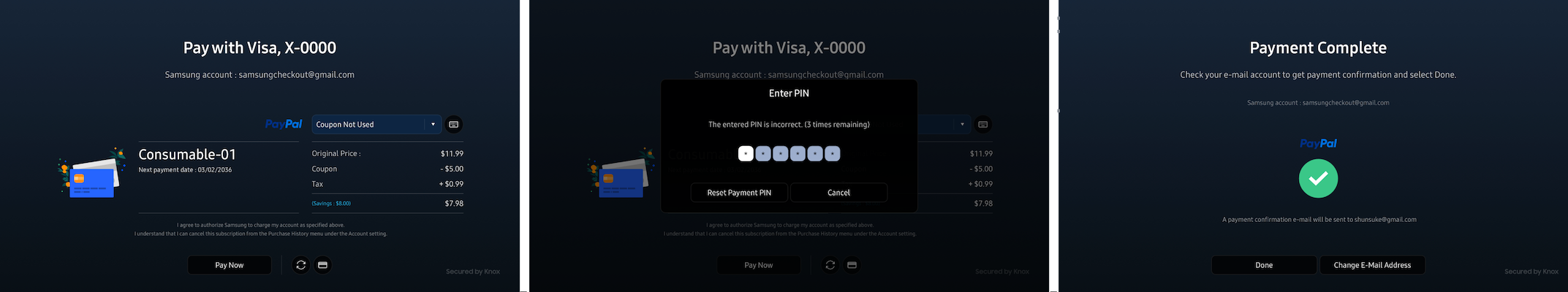 Figure 1: 3-step checkout: Confirm > Provide PIN > Done
